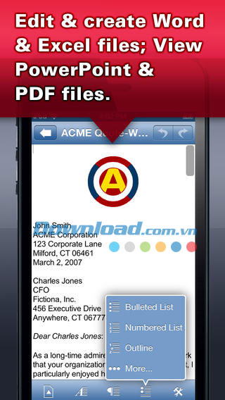 Chỉnh sửa văn bản, bảng tính Documents To Go for BES10 for iOS