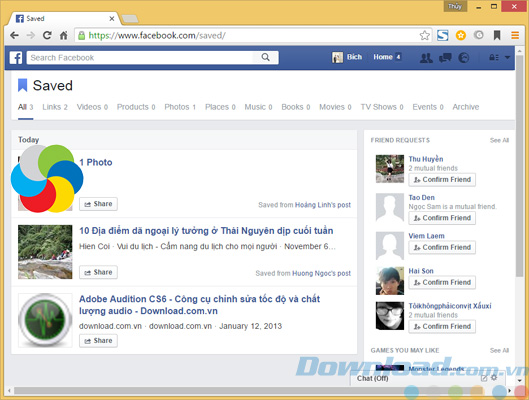 Liên kết được lưu trữ trong Saved của Facebook